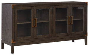 Dressed to thrill, this simply stunning dining server offers a high-design look at a down-to-earth price. Ultra sleek lines are accentuated with a dark waxy brown oak-tone finish thatâ€™s so easy on the eyes. Custom bar pulls on the double-door cabinets e