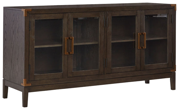 Dressed to thrill, this simply stunning dining server offers a high-design look at a down-to-earth price. Ultra sleek lines are accentuated with a dark waxy brown oak-tone finish thatâ€™s so easy on the eyes. Custom bar pulls on the double-door cabinets e