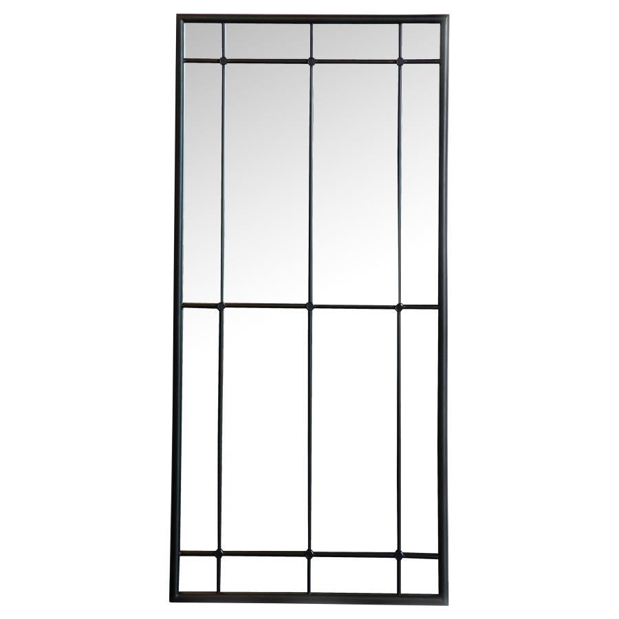 This tall French windowpane mirror features a vertical grid design that adds both elegance and architectural structure. Its elongated form enhances the illusion of ceiling height, while the black metal frame and linear trim offer strong contrast and class