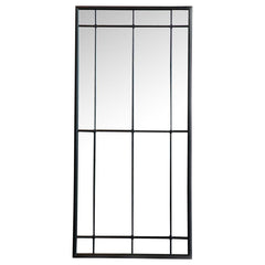 This tall French windowpane mirror features a vertical grid design that adds both elegance and architectural structure. Its elongated form enhances the illusion of ceiling height, while the black metal frame and linear trim offer strong contrast and class