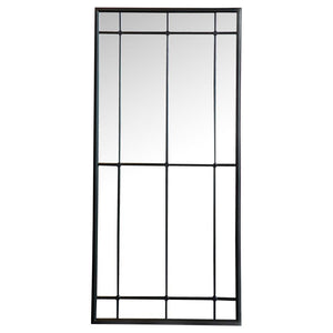 This tall French windowpane mirror features a vertical grid design that adds both elegance and architectural structure. Its elongated form enhances the illusion of ceiling height, while the black metal frame and linear trim offer strong contrast and class