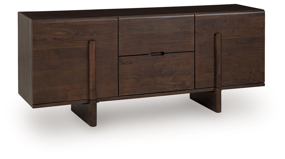 This accent cabinet expertly blends function with stunning contemporary form. Its clean, linear design is draped with an inviting medium brown finish. An angular base further emboldens the look with forward-thinking style. Storage has never been so striki