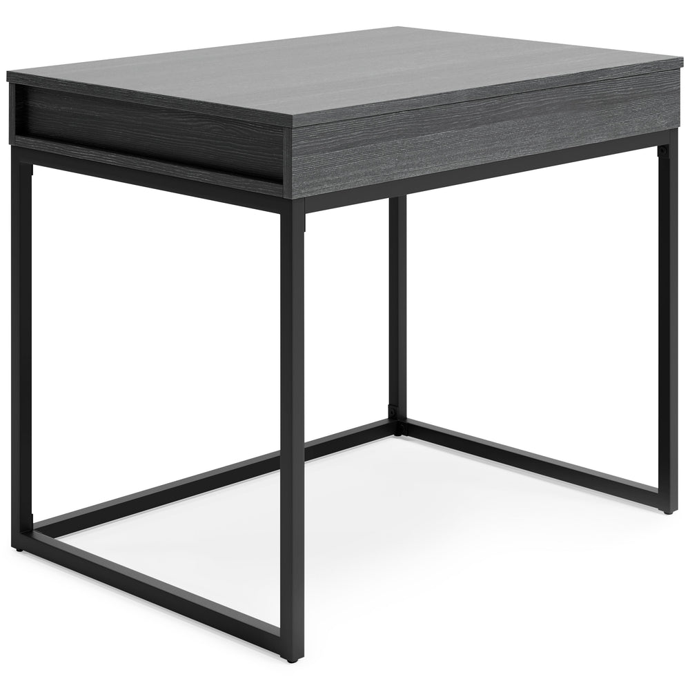 Elevate your home office with this simply sensational lift-top desk. Pairing a dark wood grain look with a black metal base for modern appeal, this minimalistic desk is dressed to impress in a no-muss, no-fuss way. Small storage bins underneath the sleek 