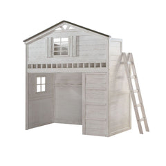 This Tree House loft bed in weathered white finish is sturdy enough to ensure safety of your children. Put it in any youth bedroom for your children to create memorable adventures. This loft bed presents a tree house design with windows and roof above the