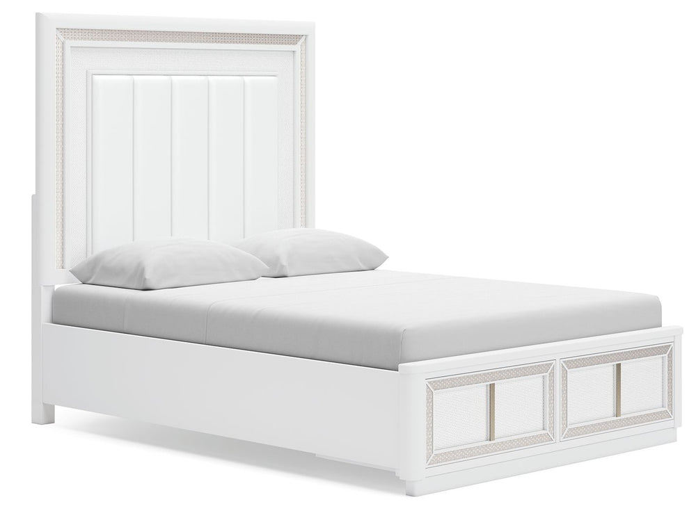 Transform your bedroom with this upholstered storage bed. Its LED lighting, rhinestone framing and faux leather panels exude modern glamour. And the convenient storage footboard offers a practical solution for organizing and accessing belongings. Let your
