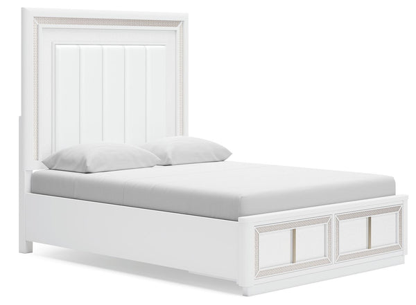 Transform your bedroom with this upholstered storage bed. Its LED lighting, rhinestone framing and faux leather panels exude modern glamour. And the convenient storage footboard offers a practical solution for organizing and accessing belongings. Let your