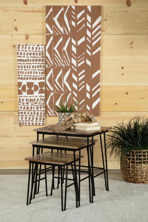 Embrace rustic industrial charm with this three-piece nesting table set, designed for both functionality and style. Each table features a solid sheesham wood top, showcasing natural wood grain variations for a unique, one-of-a-kind look. The sleek black i