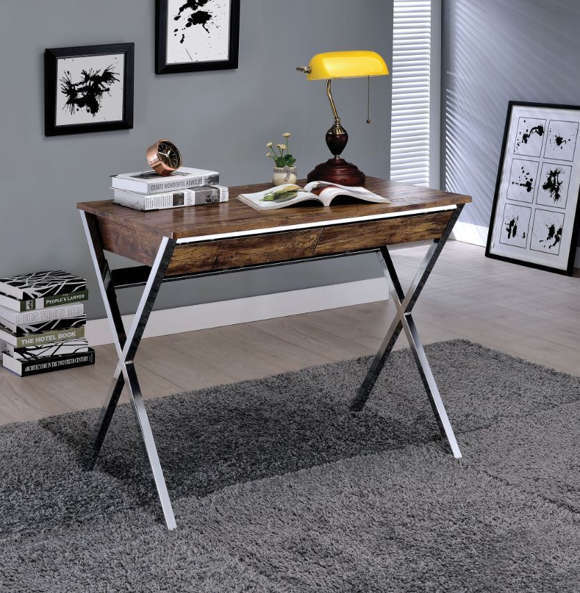 Combining chrome -"X-" legs and beautifully finished wood, the Callers desk is statement piece as well as a functional desk. It comes with 2 drawers that follow the front angle created by the -"X-" design of the sides. It is a wonderful pairing of hard li