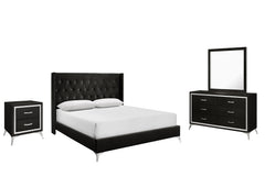 The Huxley 4-Piece Bedroom Set in Black combines contemporary glam with durable construction for a stylish and functional addition to your home. This set includes an upholstered bed with headboard, footboard, two side rails, and slat kit, along with a 6-d