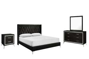 The Huxley 4-Piece Bedroom Set in Black combines contemporary glam with durable construction for a stylish and functional addition to your home. This set includes an upholstered bed with headboard, footboard, two side rails, and slat kit, along with a 6-d