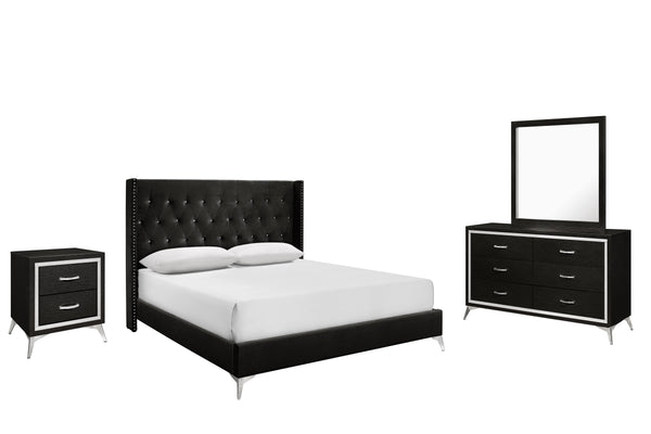 The Huxley 4-Piece Bedroom Set in Black combines contemporary glam with durable construction for a stylish and functional addition to your home. This set includes an upholstered bed with headboard, footboard, two side rails, and slat kit, along with a 6-d