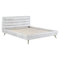 Masculine yet soft, the Doris bedroom collection is edgy and inviting all in one. The leather upholstered bed can fit with an industrial, vintage, or modern bedroom easily. The headboard features horizontal channel tufting to adds some support while leani