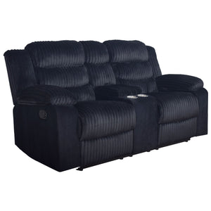 The Willow Console Loveseat combines quality construction and modern comfort to enhance your living room. Built with hardwood and plywood frames and sturdy motion mechanisms for lasting durability. Ultra-soft black 100% polyester fabric offers a blankety-