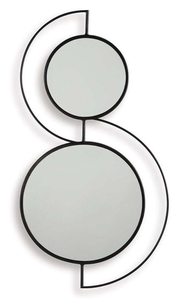 Talk about a cool turn on contemporary style. This accent mirror wows with round metal frames and stylishly curved accents that naturally go with the flow. More than a mirror, it-'s a work of art.<br><br><b>Additional Dimensions</b><br><ul><li>Inner mirro