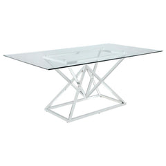 Elevate your dining space with this contemporary dining table featuring a 12mm clear glass top and an artistic polished stainless steel base. The angular geometric design adds a modern flair, while the rectangular shape offers generous space for entertain