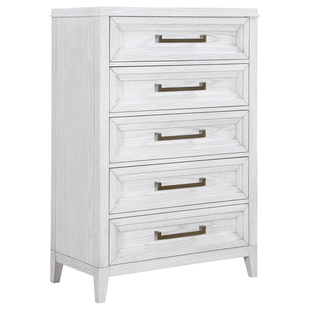 Add easy storage and inviting style to your bedroom with a modern five-drawer chest. It-'s tall, compact silhouette conserves space while adding welcome storage and organization. The chest features a distressed white finish to highlight wood grain details