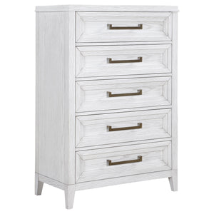 Add easy storage and inviting style to your bedroom with a modern five-drawer chest. It-'s tall, compact silhouette conserves space while adding welcome storage and organization. The chest features a distressed white finish to highlight wood grain details