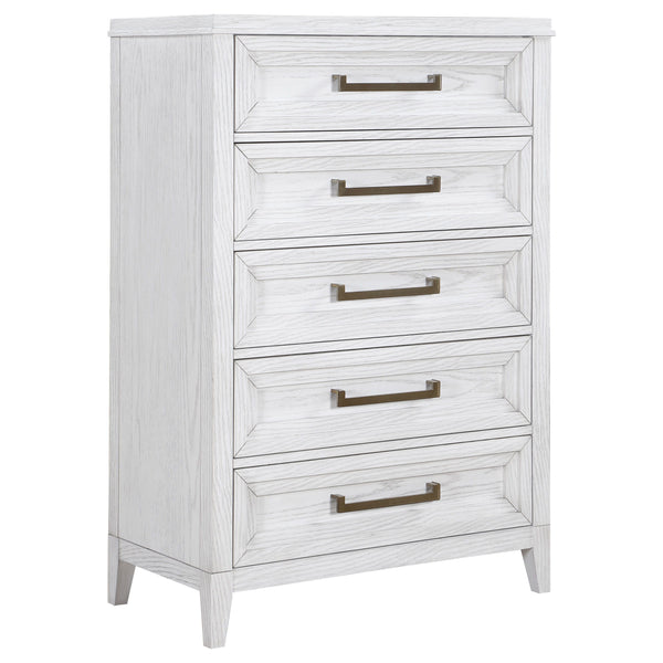 Add easy storage and inviting style to your bedroom with a modern five-drawer chest. It-'s tall, compact silhouette conserves space while adding welcome storage and organization. The chest features a distressed white finish to highlight wood grain details