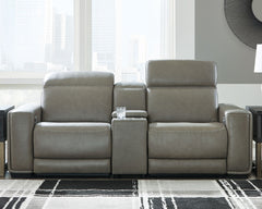 Truly putting high design into recline, this power loveseat with gray leather match upholstery proves that just because youâ€™re a recliner doesnâ€™t mean you have to look like one. Deceptively beautiful, its ultra clean-lined aesthetic is as cool and con
