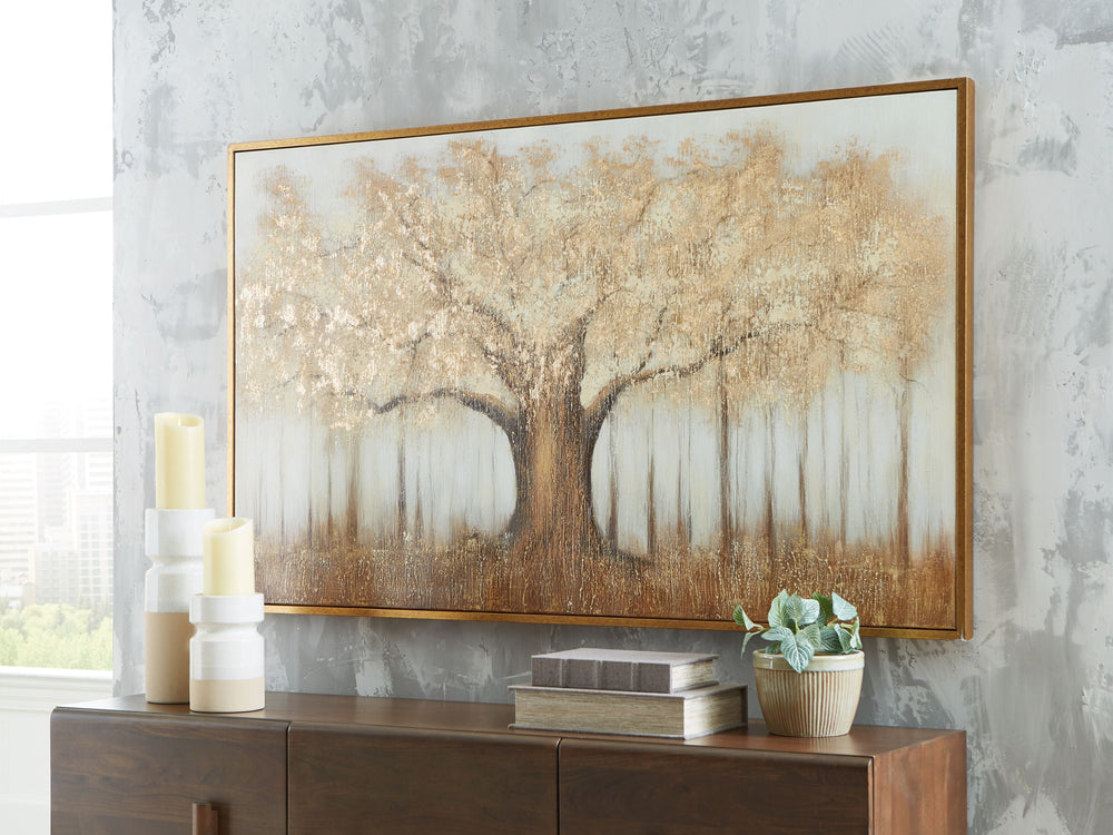 Autumnal beauty, reimagined. Transporting you to a crisp forest treescape, this wall art immerses you in warm brown, cream and gold hues. A grand tree sprawls across the canvas, recalling the timeless grace of nature.<br/><br/><b>Product Features</b><ul><
