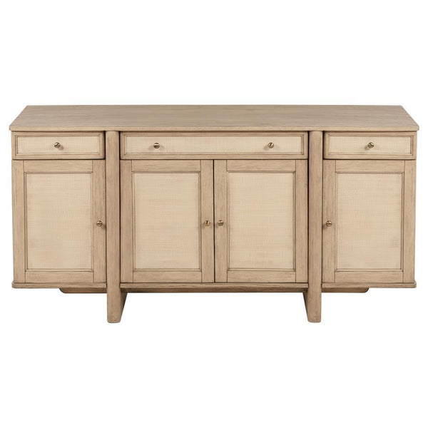  this sideboard offers ample storage with three spacious drawers and three cabinet compartments behind four d