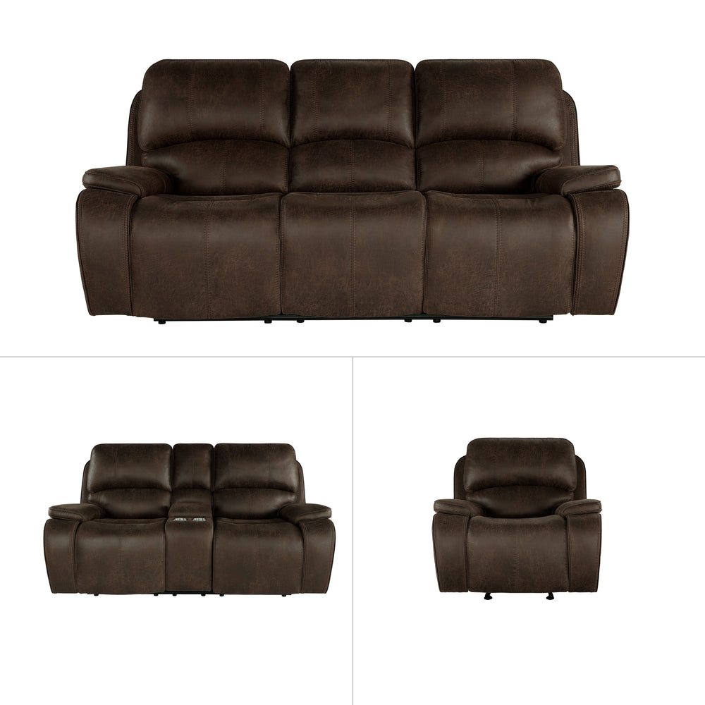 The Brookings 3 Piece Reclining Sofa, Console Loveseat, and Glider Recliner set in rustic brown combines style, comfort, and practicality for your living room. This set includes a sofa, a console loveseat, and a glider recliner, all upholstered in soft ha