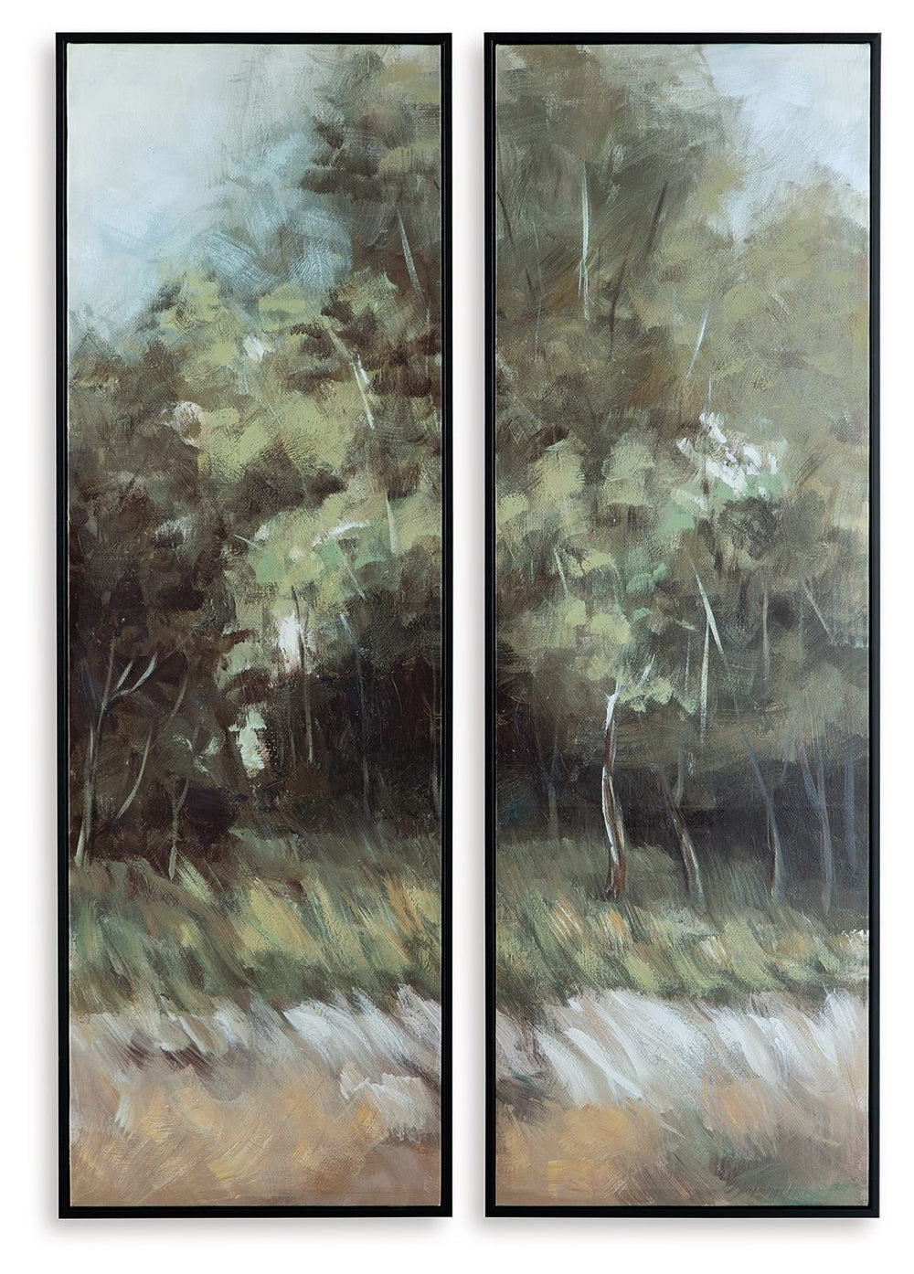 Double down on natural beauty with a stunning treescape. This wall art set brings the outdoors in, showcasing a whimsical wooded scene in green, brown, blue and white. Ideal for modern farmhouse or casual interiors, it grounds your decor with its intricat
