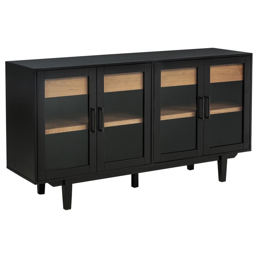 This versatile sideboard combines modern elegance with functional design. It features tempered glass-paneled cabinet doors that reveal adjustable shelving, perfect for displaying or organizing items. Two smooth-gliding, felt-lined drawers offer concealed 