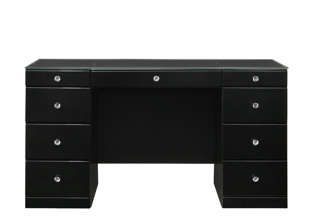 Avery - Vanity Desk With Glass Top - Black<h4><b>Avery - Vanity Base - Black</b></h4> <table width="100%"><colgroup><col style="width: 30%"> <col style="width: 70%"> </colgroup> <tbody> <tr> <td>Dimensions</td> <td> 57.00"L x 23.25"D x 31.00"H</td> </tr> 