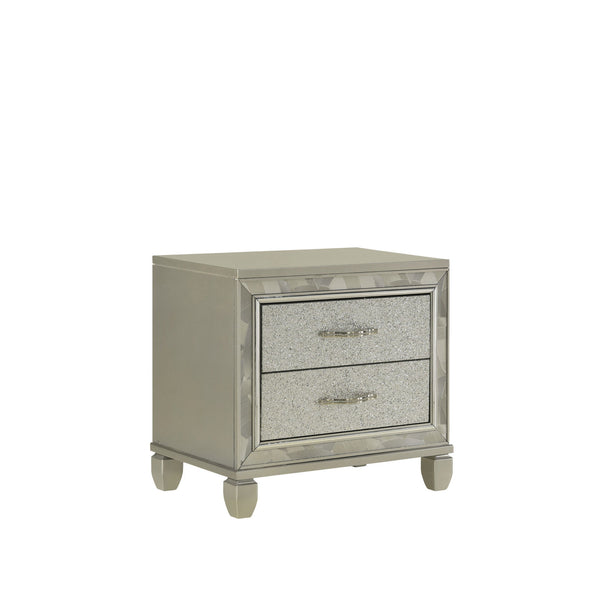 Discover the Radiance Platinum Silver Two Drawer Nightstand, a perfect blend of quality construction and luxurious finish. Crafted from a combination of Solid Rubberwood and manufactured woods, this nightstand offers ultimate stability and durability. The