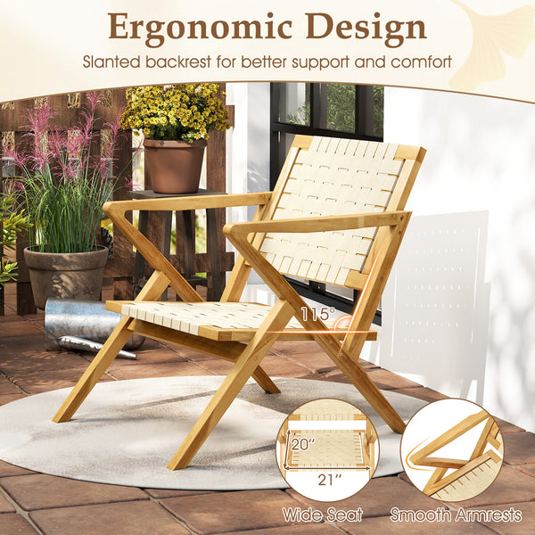 Built to last with solid teak wood construction<br>Slanted backrest for better support and comfort<br>Spacious seat offers ample room for relaxation<br>Webbing design adds elegance and ventilation<br>Wide armrests provide ultimate comfort<br>Sturdy triang