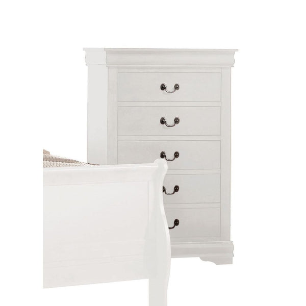 The Louis Philippe Chest in white finish is equipped with brushed nickel metal hardware that lends antique elegance. Store bedding, clothing, and more in the five roomy drawers. Choose from available finish options to best coordinate with existing bedroom