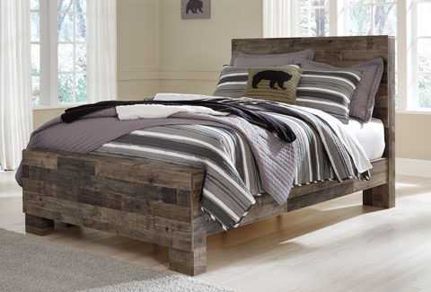 Modern yet hefty. This full panel bed makes an urban eclectic statement. Seasoned raw wood look merges with the clean lined design we love today. Muted rustic finish over replicated pine grain maintains its authenticity for a beauteous look. Mattress and 