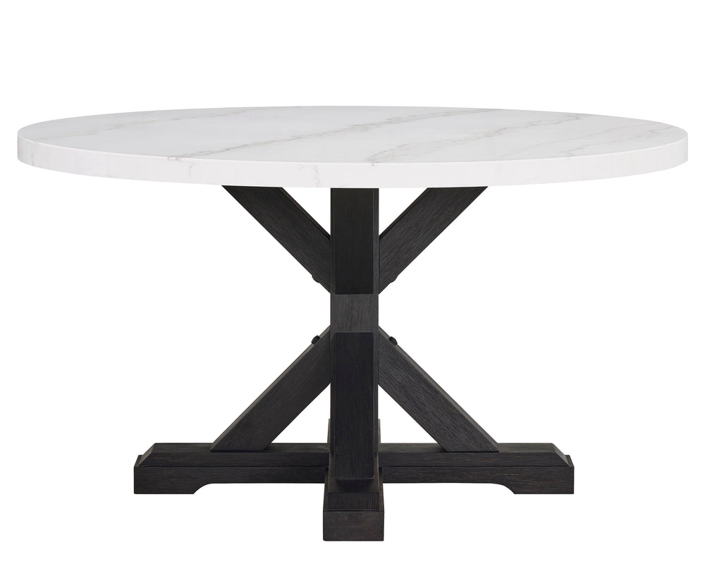 A fresh take on a traditional silhouette makes this group a great addition to your dining space. A genuine marble top is luxurious and timeless. Farmhouse style cross legs are updated in a contemporary charcoal finish. The upholstered dining chairs featur