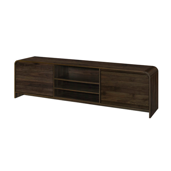 Introducing the Mara 70" TV Console in Walnut, a perfect blend of style and sustainability for your entertainment needs. Crafted from sturdy manufactured wood and coated in environmentally friendly laminate, this console boasts both durability and eco-con