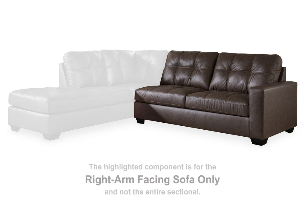 This right-arm facing sofa is made with faux leather upholstery. Pairs with other items in the series to make a sectional.<br><br><b>Additional Dimensions</b><br><ul><li>Arm height: 26-"</li><li>Seat depth: 21-"</li><li>Seat height: 20-"</li><li>Top of cu