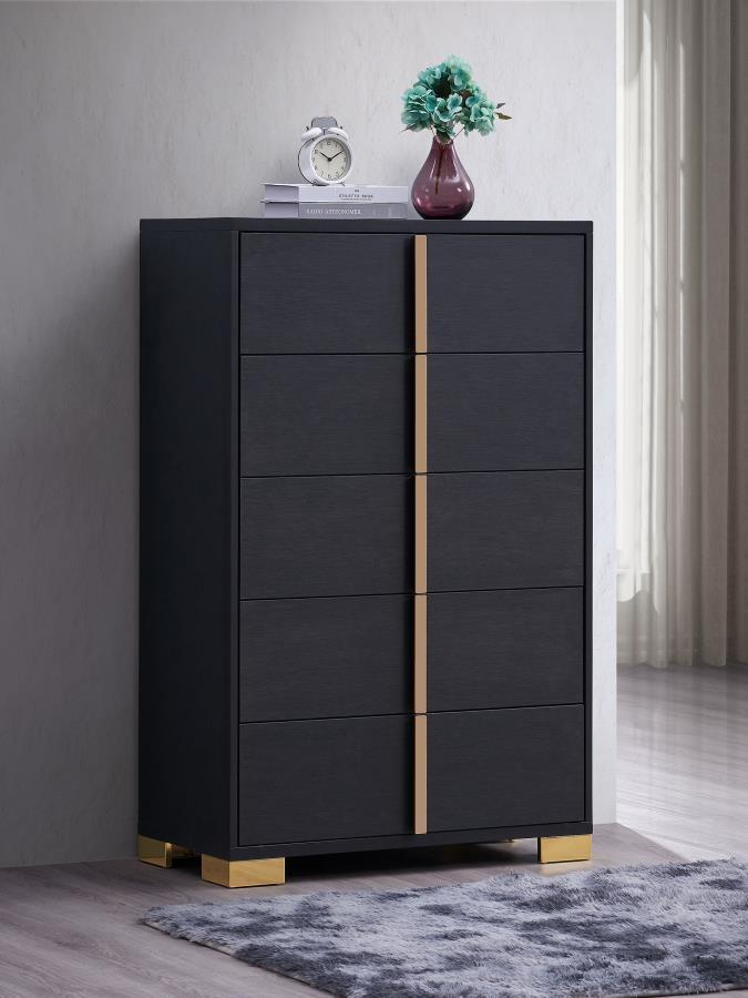 Minimalism never looked so elegant as it does in this elegant five-drawer chest, an excellent option for your updated bedroom ensemble. Modern design details produce a chic vertical chest with an Art Deco vibe and tons of storage space. Made of wood produ