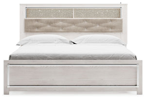  a pearlized finish and button-tufted upholstery bring a glam touch to the richly rustic appearance. Remote-con
