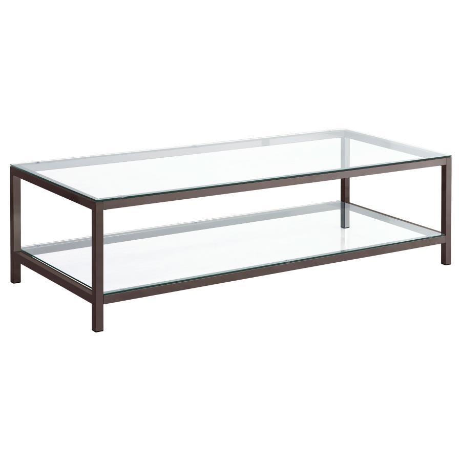 Sleek and contemporary, this coffee table pairs a black nickel electroplated frame with clear tempered glass surfaces. Its spacious tabletop and matching lower shelf provide ample room for storage or display, ideal for modern living spaces. The minimalist