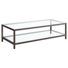 Sleek and contemporary, this coffee table pairs a black nickel electroplated frame with clear tempered glass surfaces. Its spacious tabletop and matching lower shelf provide ample room for storage or display, ideal for modern living spaces. The minimalist