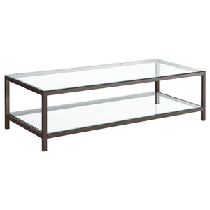 Sleek and contemporary, this coffee table pairs a black nickel electroplated frame with clear tempered glass surfaces. Its spacious tabletop and matching lower shelf provide ample room for storage or display, ideal for modern living spaces. The minimalist