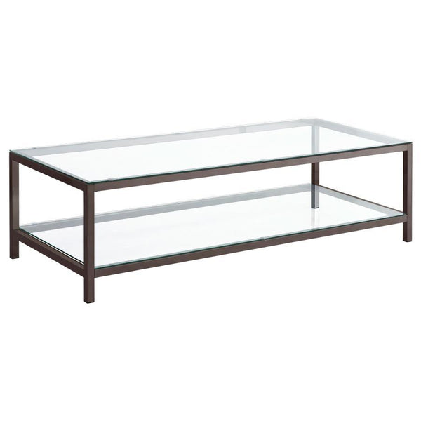 Sleek and contemporary, this coffee table pairs a black nickel electroplated frame with clear tempered glass surfaces. Its spacious tabletop and matching lower shelf provide ample room for storage or display, ideal for modern living spaces. The minimalist