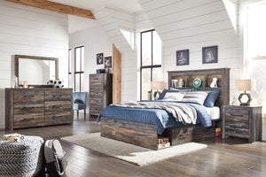 When merged in just the right way, rustic and industrial styles can make one happy marriage. Case in point: this bedroom group. A refined take on barn board beauty, its complex, replicated wood grain showcases hints of burnt orange and teal tones for a se