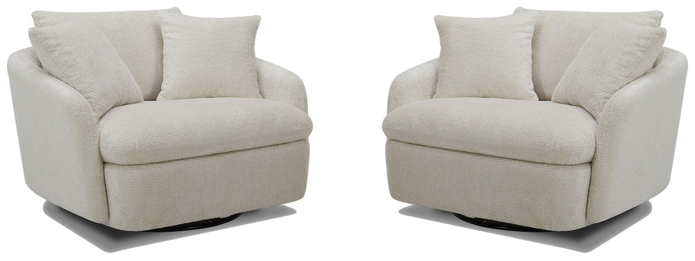 Dreamy comfort awaits with the Boomer oversized swivel chair. Comfy and cozy, its generous proportions are ideal for snuggling and nestling deep for relaxation. Its rounded silhouette has low arms and is complemented by a back pillow and two comfort pillo