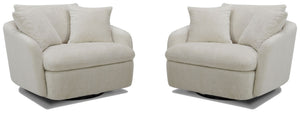 Dreamy comfort awaits with the Boomer oversized swivel chair. Comfy and cozy, its generous proportions are ideal for snuggling and nestling deep for relaxation. Its rounded silhouette has low arms and is complemented by a back pillow and two comfort pillo