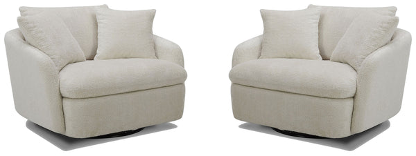 Dreamy comfort awaits with the Boomer oversized swivel chair. Comfy and cozy, its generous proportions are ideal for snuggling and nestling deep for relaxation. Its rounded silhouette has low arms and is complemented by a back pillow and two comfort pillo