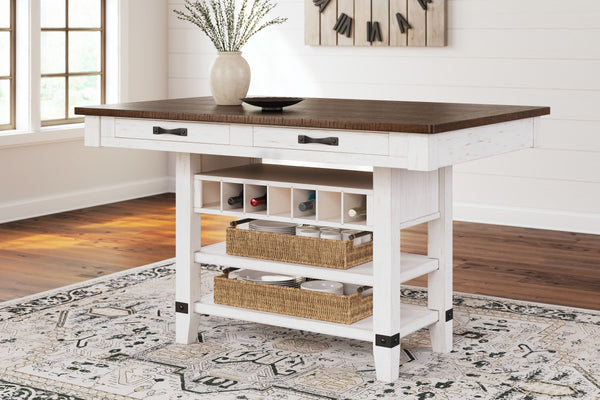  this counter height dining table serves up the best in rustic farmhouse living. Its two-tone finish pairs a brown tabletop with a distressed vintage white base for a double helping of charm. The table features four s
