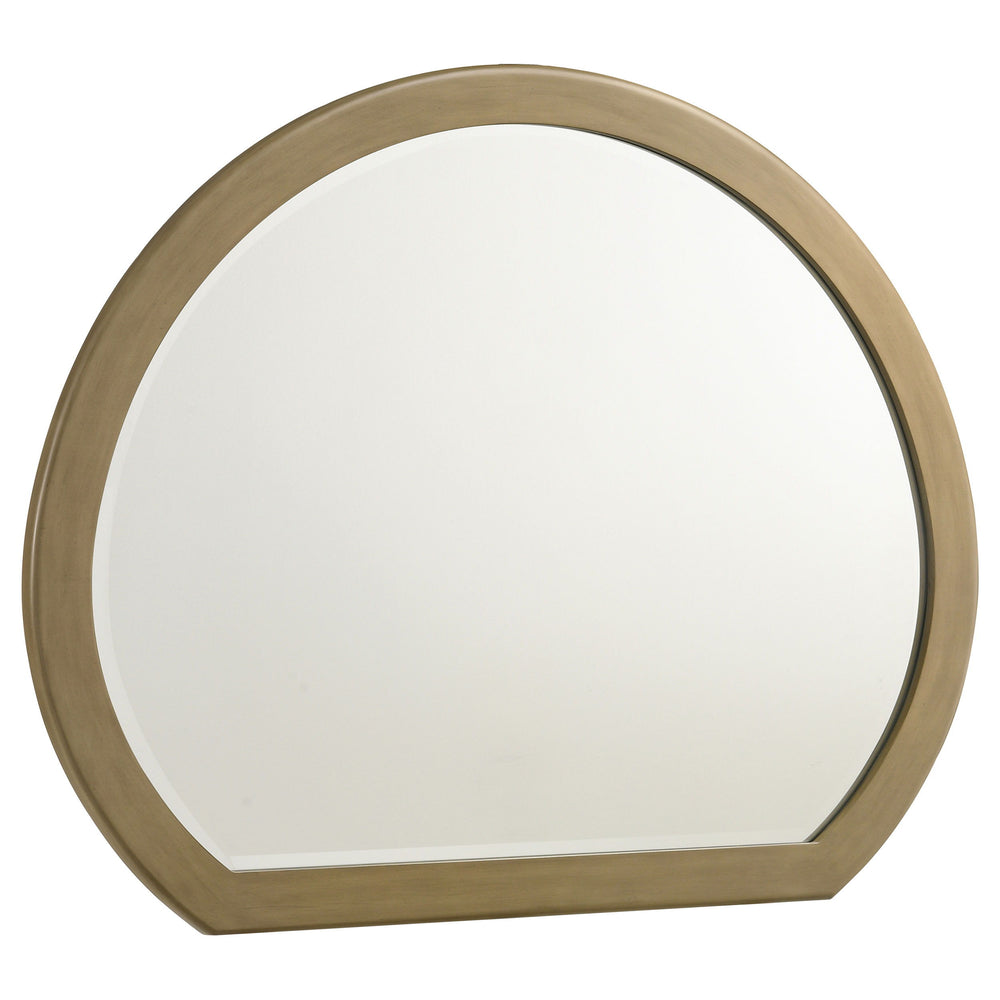 Complete your bedroom decor with this stylish dresser mirror, a perfect blend of classic and modern design elements. The mirror features a natural pine finish that complements the solid pine wood construction of its matching dresser. Its round shape adds 