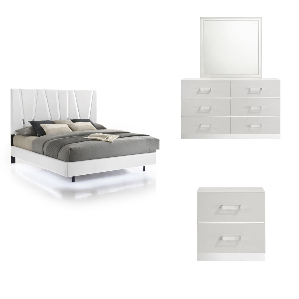 The Europa 4 Piece Bedroom Set in white is the epitome of modern elegance and practical design. This set includes a panel bed along with a dresser, mirror, and nightstand. The sleek, sophisticated look is achieved through a majestic headboard, glossy whit