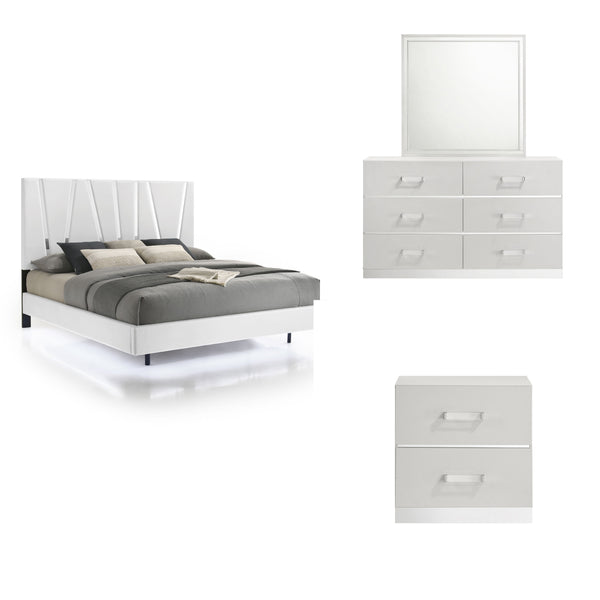 The Europa 4 Piece Bedroom Set in white is the epitome of modern elegance and practical design. This set includes a panel bed along with a dresser, mirror, and nightstand. The sleek, sophisticated look is achieved through a majestic headboard, glossy whit